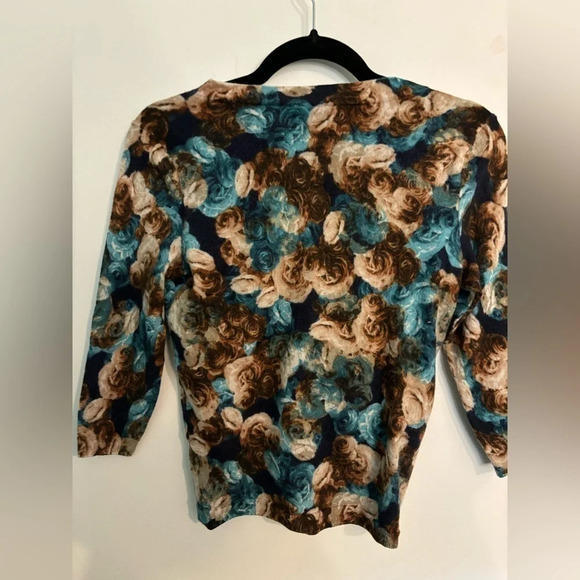 Talbots Womens Merino Wool Lightweight Rose Print Sweater Sm Petite Brown Blue - Picture 3 of 6